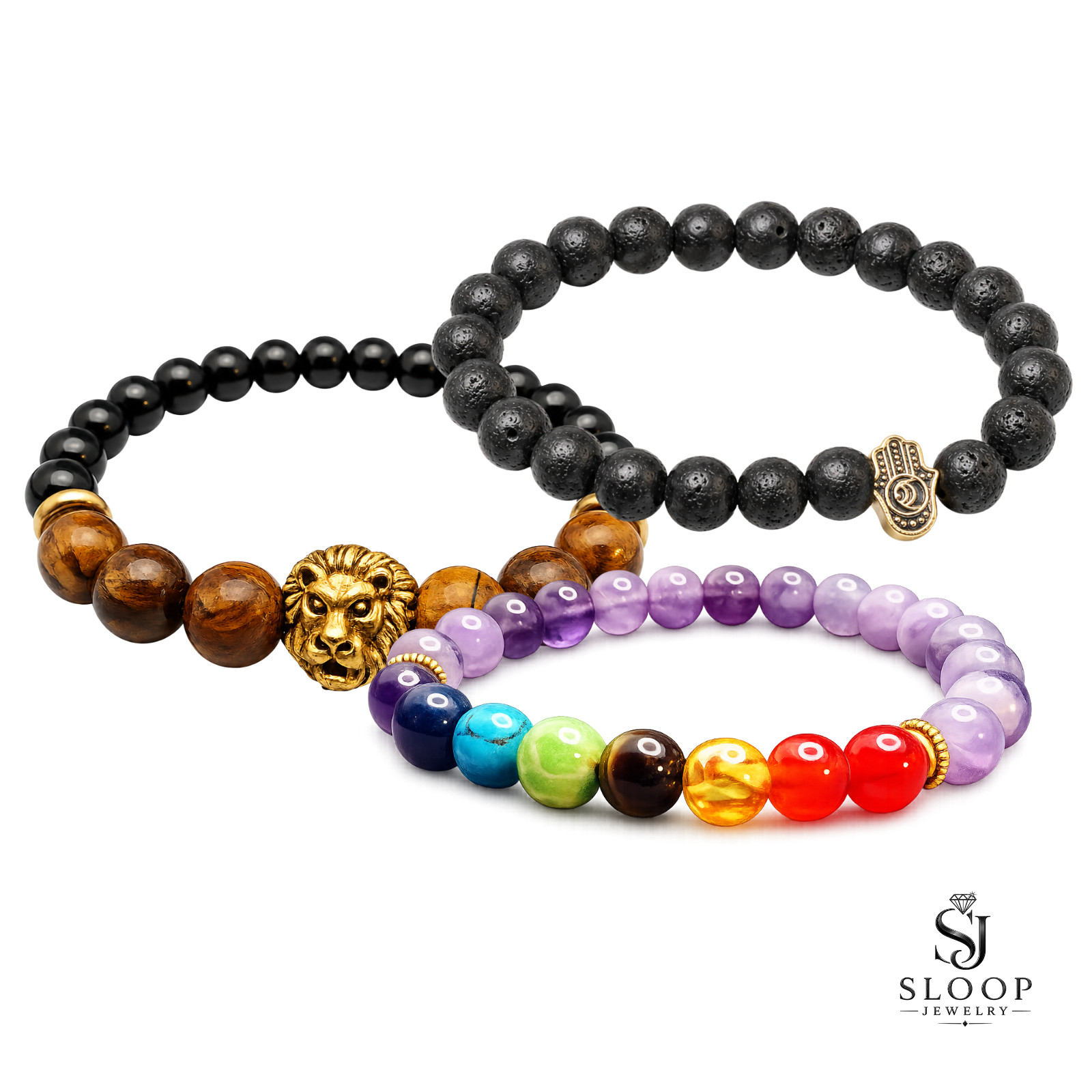 Set of 3 Bracelets — Black & Tiger Eye, Gold Hamsa, Purple Multicolor