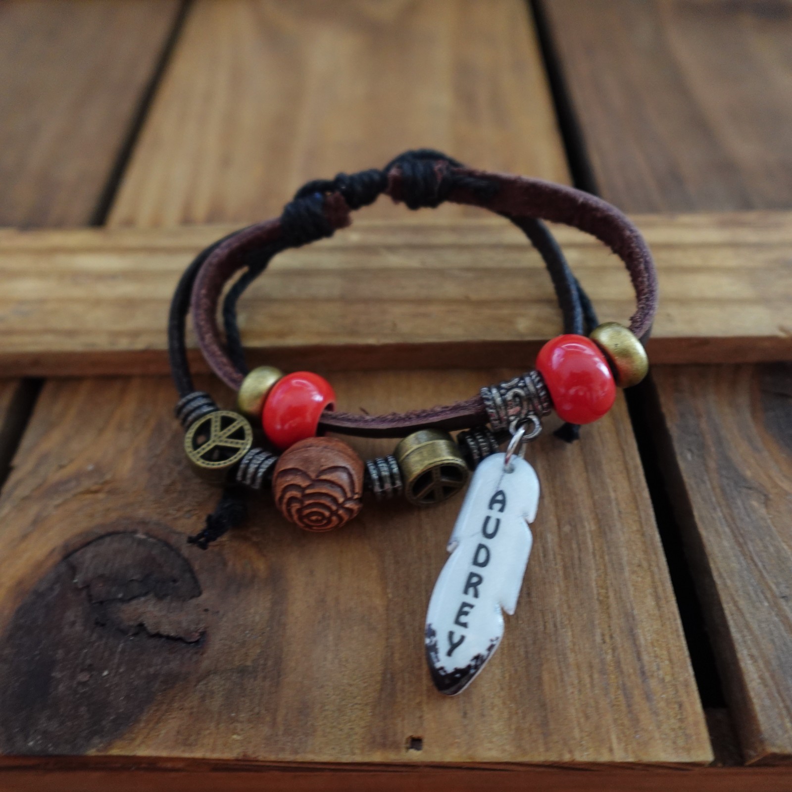 Audrey Personalized Boho Bracelet Leather Stacked Hippie Indie Name Red Beads