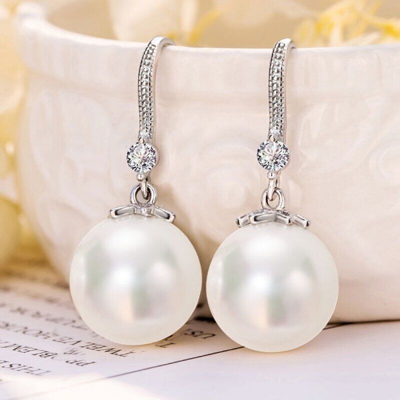 New Silver Plated Large 16mm White Pearl & Crystal Hook Dangle Drop Earrings