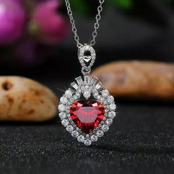 2Ct Heart Cut Simulated Red Ruby Double Halo Pendant In 14K White Gold Plated