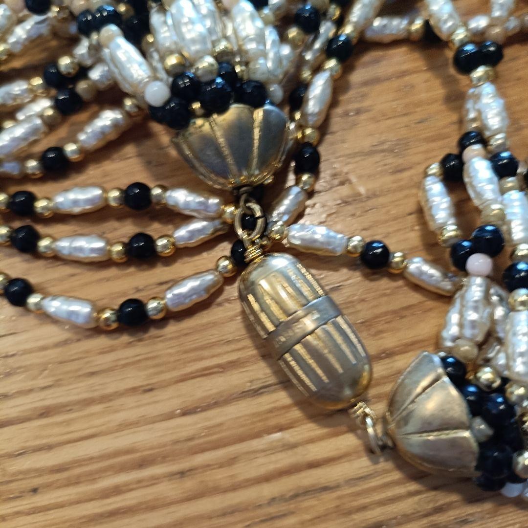 CELINE 12-strand Beaded Necklace Gold White Black Length: 18.1 in.Vintage