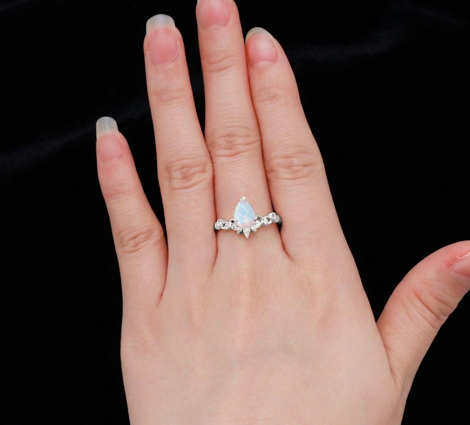 Pear Cut White Opal Engagement Ring, Sterling Silver Wedding Band, Art Deco Ring