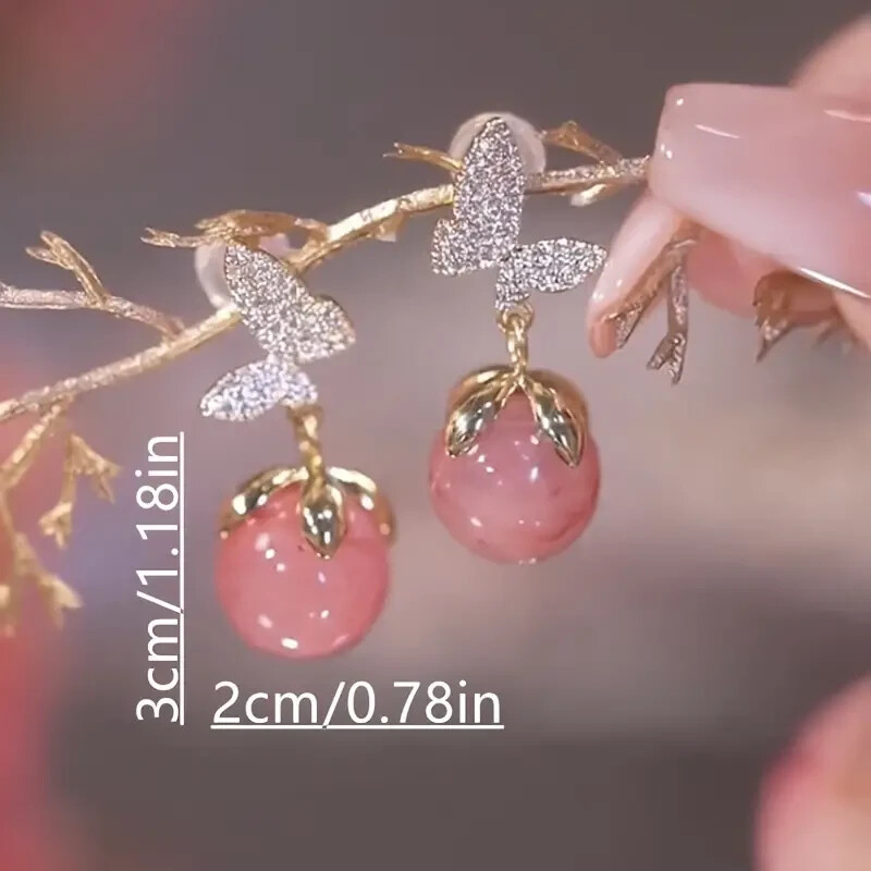 Elegant Shiny Butterfly Artificial Cat Eye Stone Earrings Pink Trendy Gift