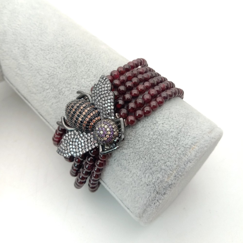 8″  6 Rows Natural Round Garnet Bracelet Cz pave Bee Connector