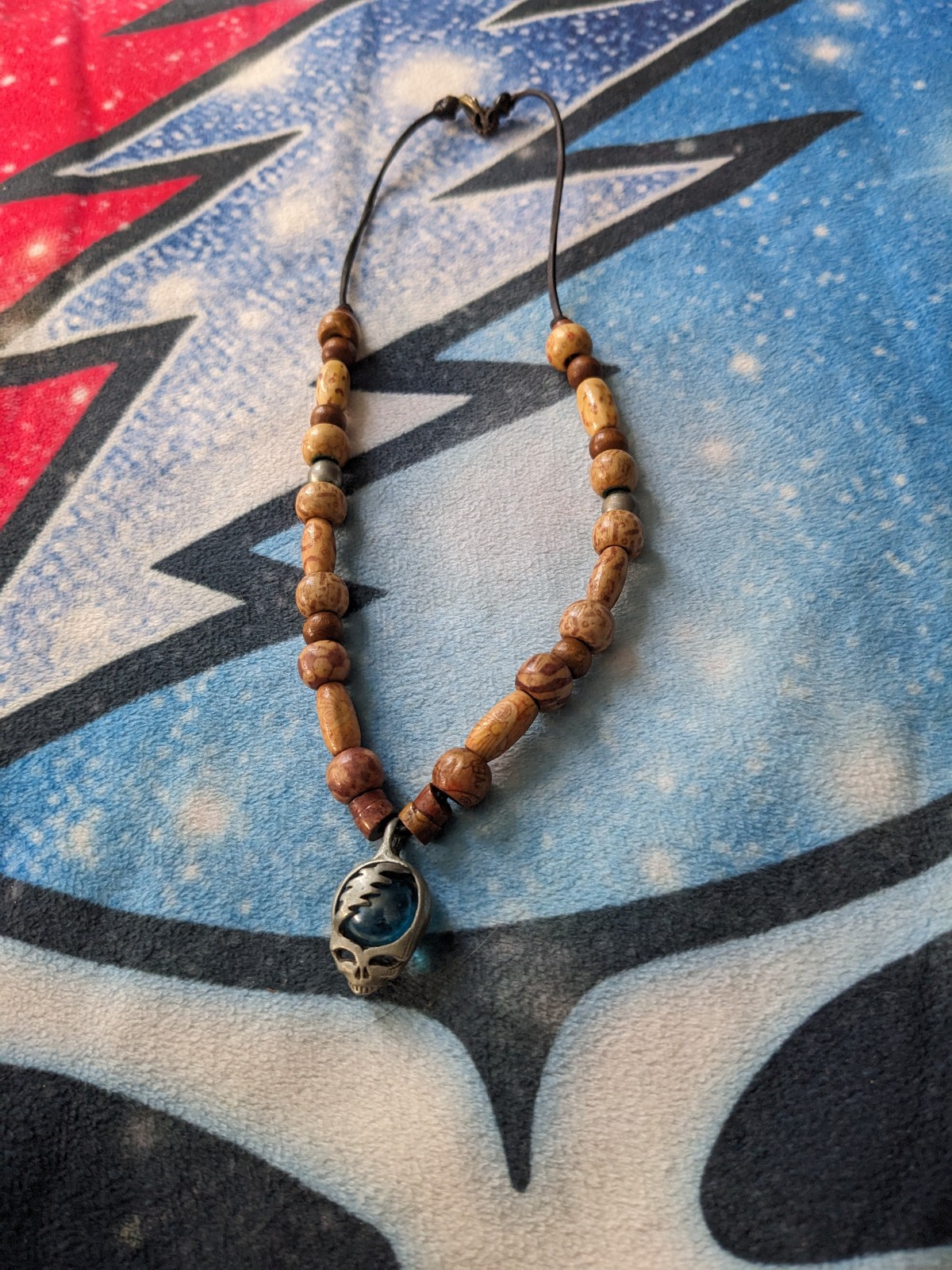 Grateful dead beaded necklace withb steal your face siver pandant with marble
