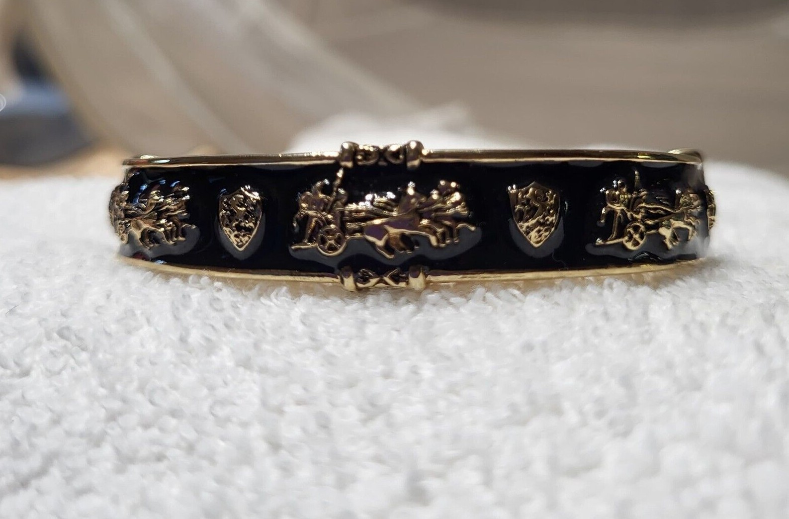 Gold tone Bangle Bracelet Black Enamel w horse drawn sleigh & Shield 2 1/4 X 2in
