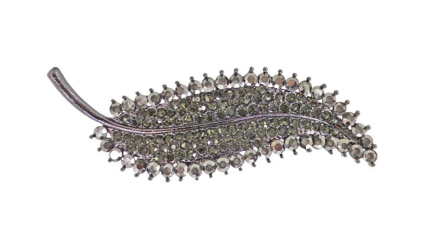 Elegant gray leaf crystal pin brooch in a hematite color, women’s fashion pin