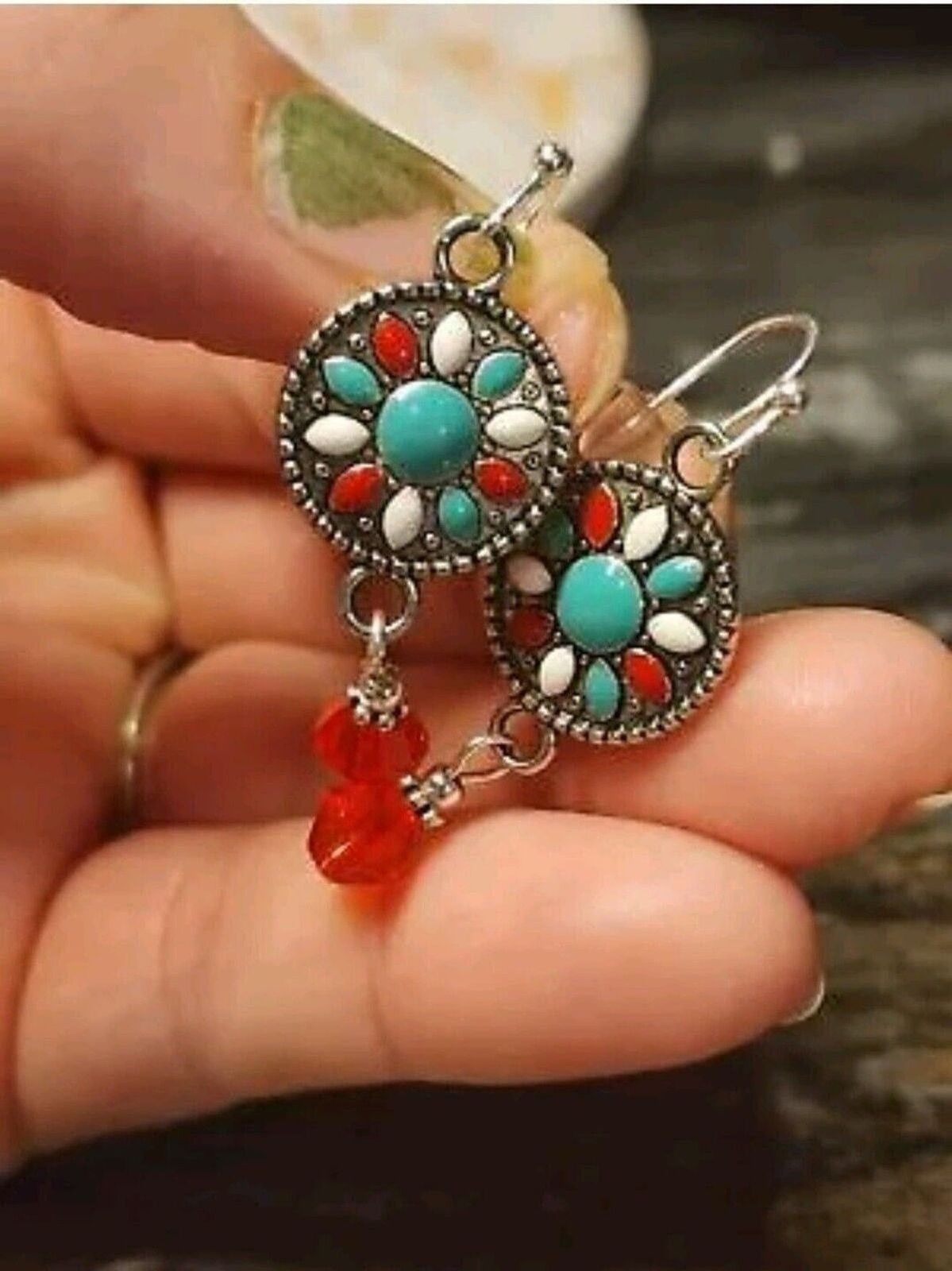 Colorful Circle Dangle Earrings Red Teal White Retro Jewelry