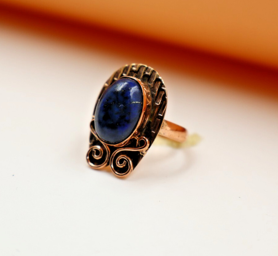 Lapis Lazuli Handmade Healing Textured Ring Copper Spiritual Boho Design US”6.25