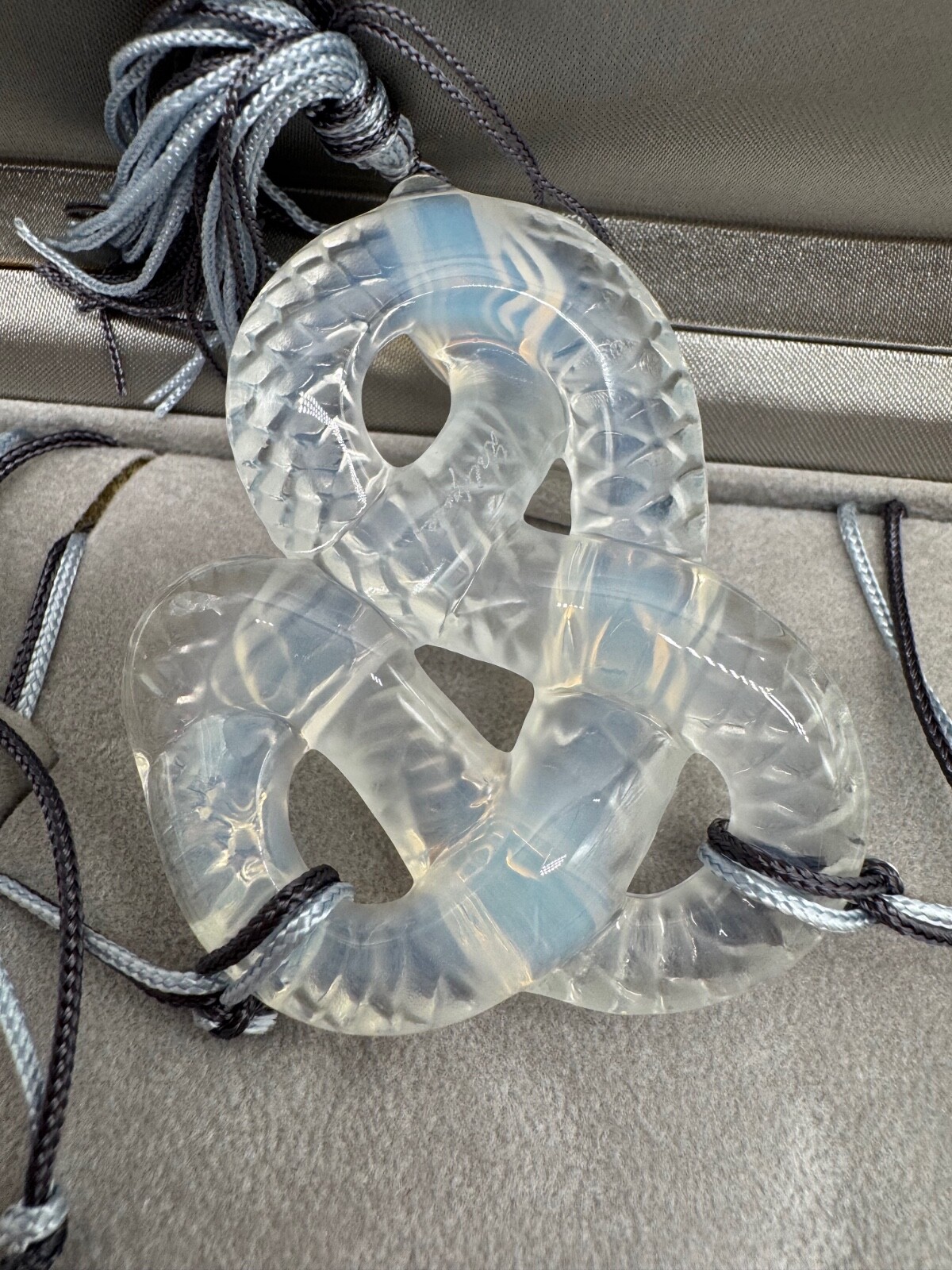 Lalique France Crystal Clear Snake Serpent Pendant Silk Cord Necklace w/ Box