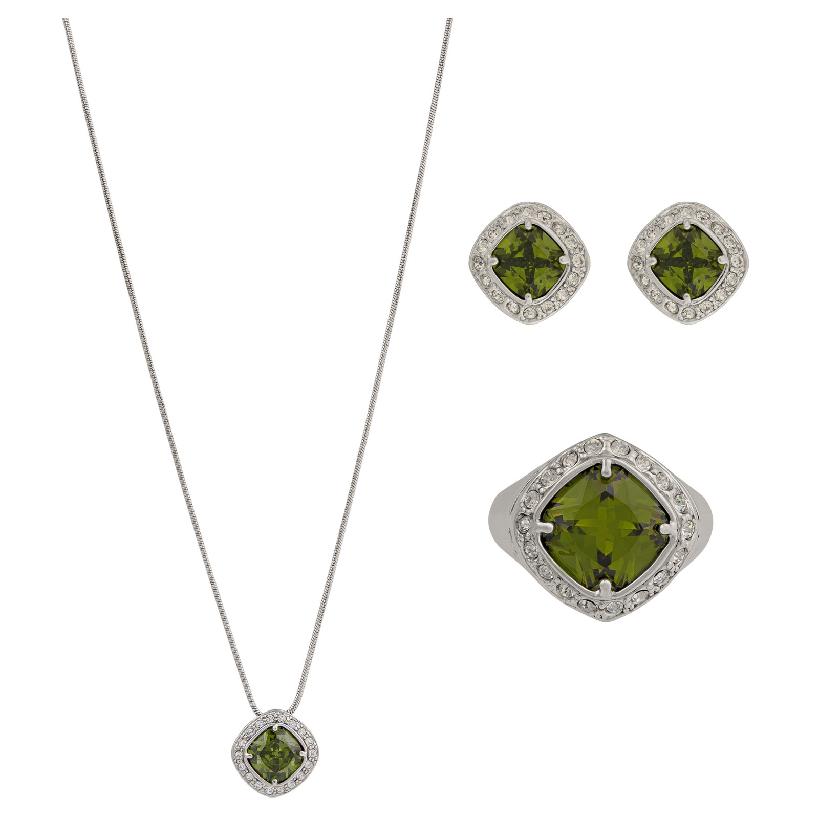 Green Peridot Silver Tone Rhodium Plated Pendant, Earring & Ring Set (Size 6)