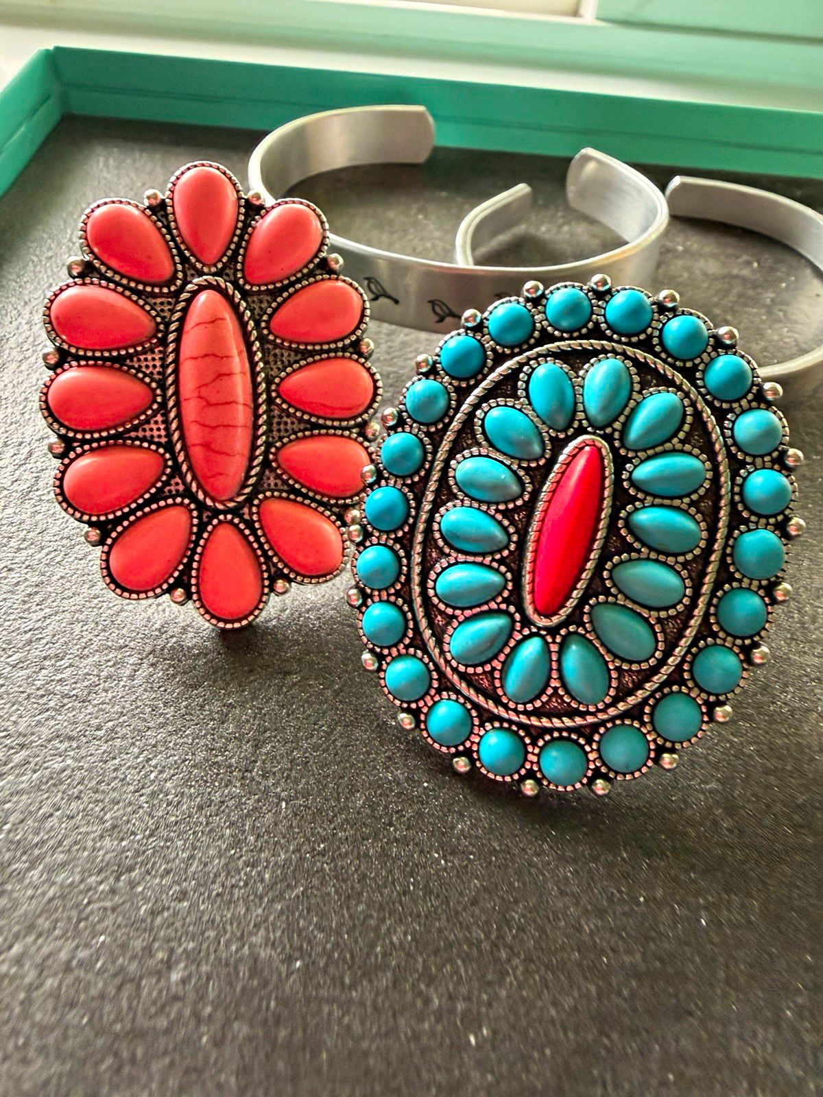 Lot of 2 Adjustable Statement Cocktail Rings Coral and Turquoise Colored Stones