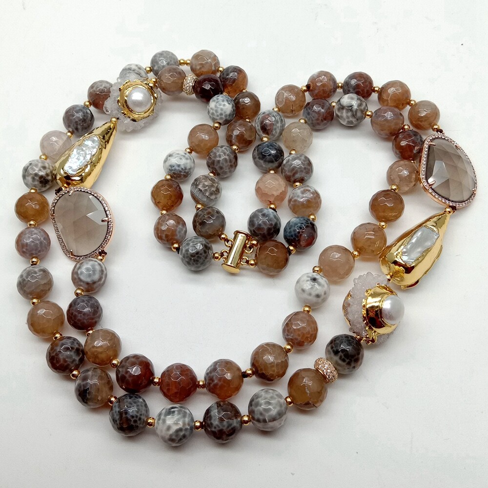 2 Strands Faceted Brown Agate Crystal Pearl Quartz Druzy Necklace 21″