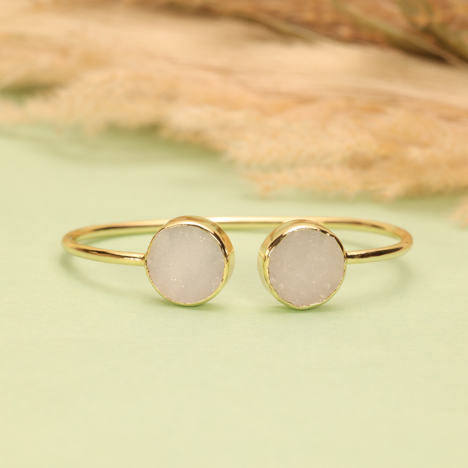 White Druzy Adjustable Gold Plated Brass Open Bracelet, Women Jewelry BR-2
