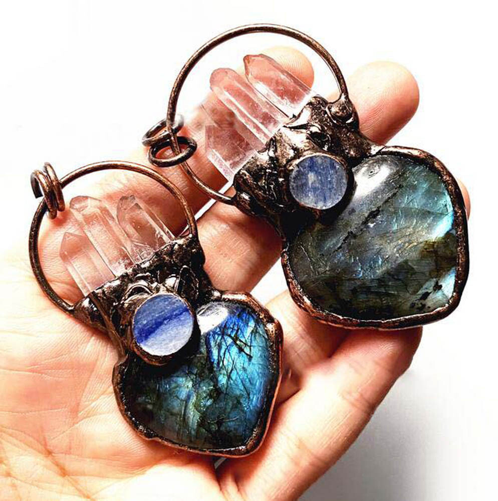 Natural Quartz Crystal Amethyst Labradorite Heart Pendant Necklace Healing USA