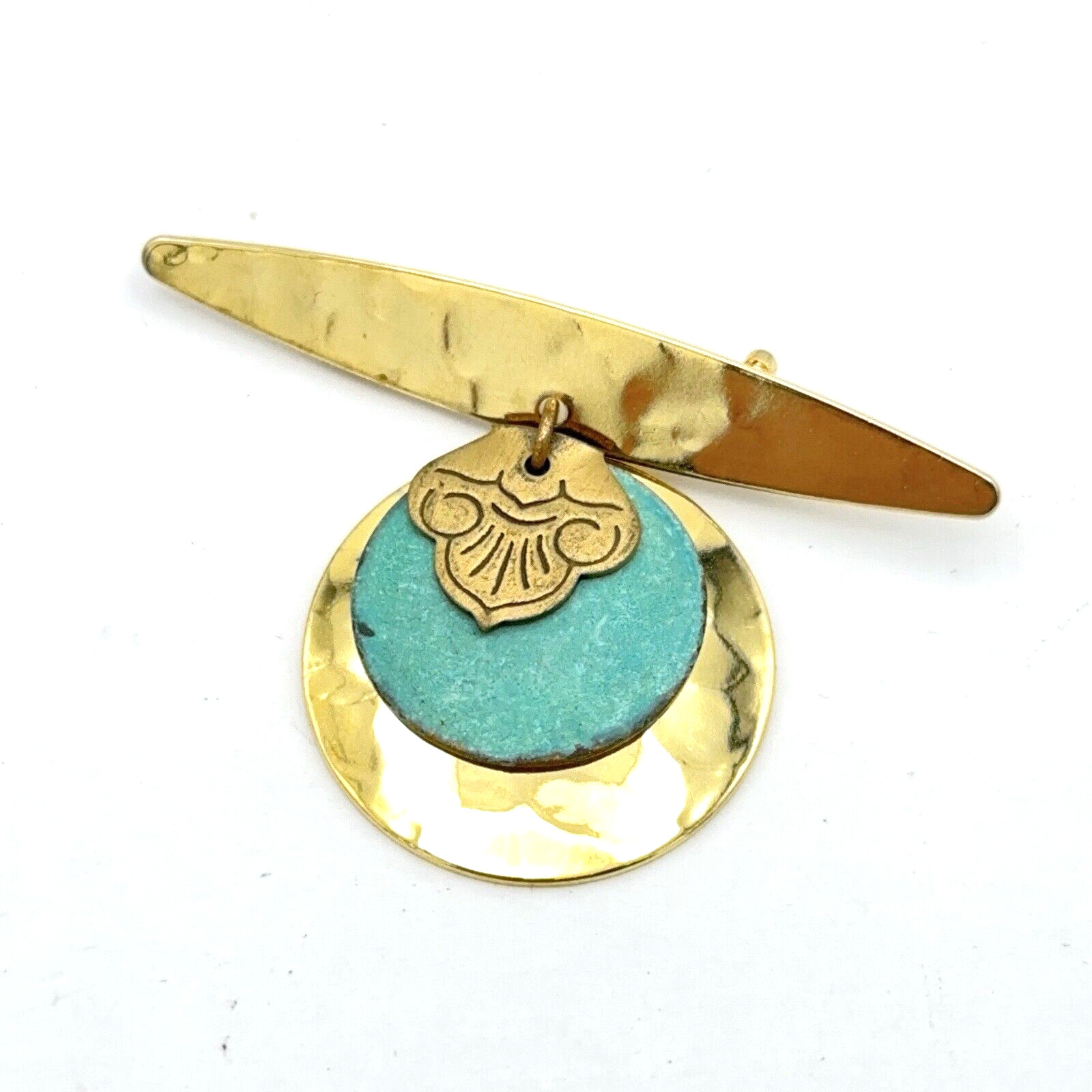 HAMMERED abstract brooches – lot of 2 mixed-metal pins silver gold green black