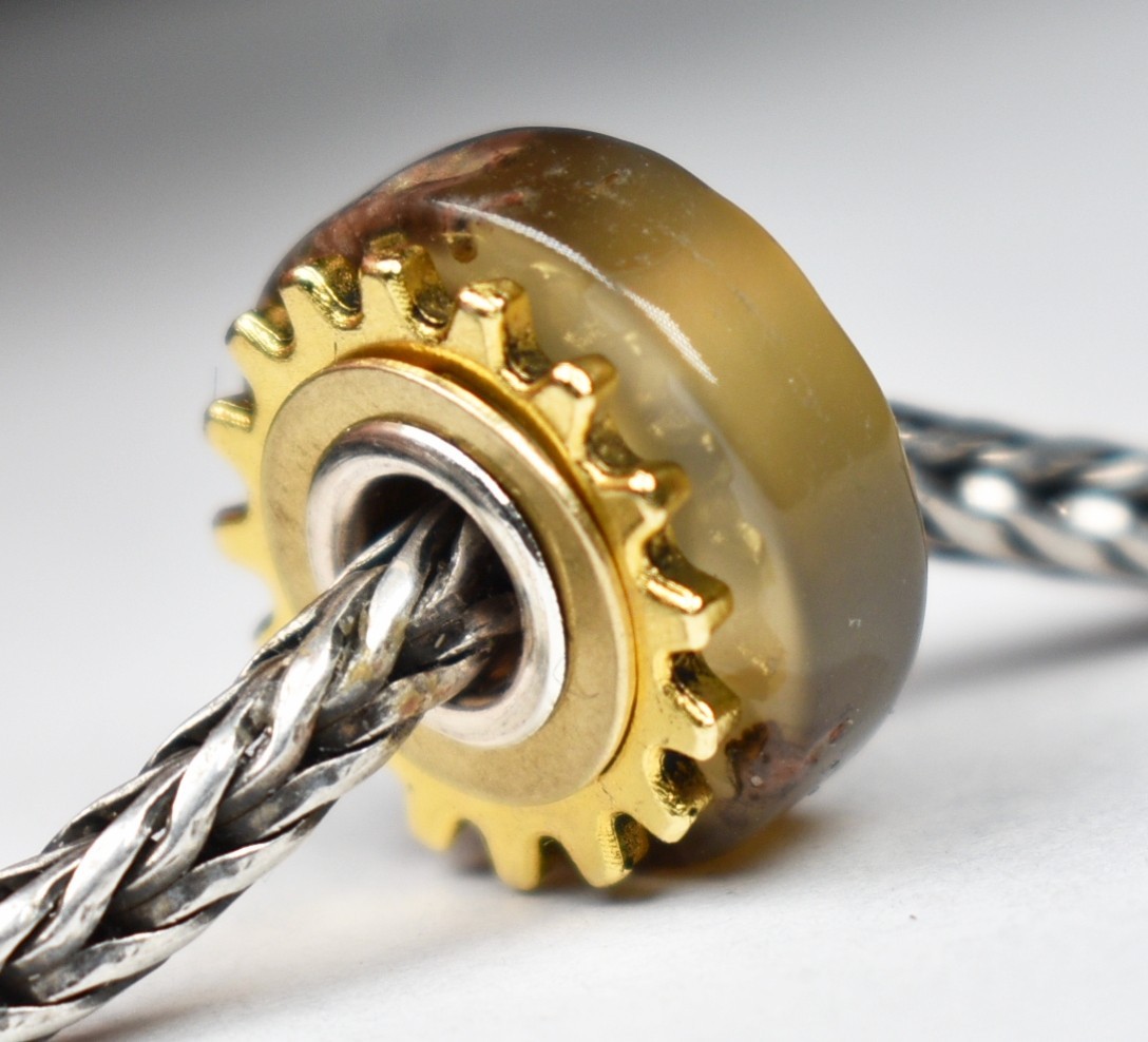 Stick Agate coin charm bead cogwheels, steampunk, Full silver core European bead