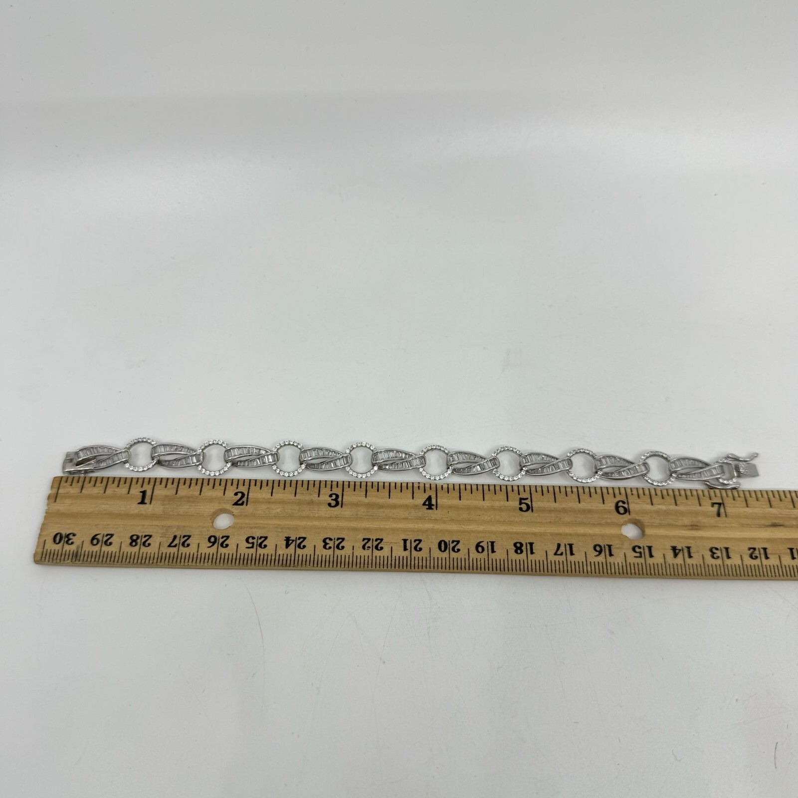 Sterling Silver Baguette & Round Cubic Zirconia Link Tennis Bracelet 7.25″