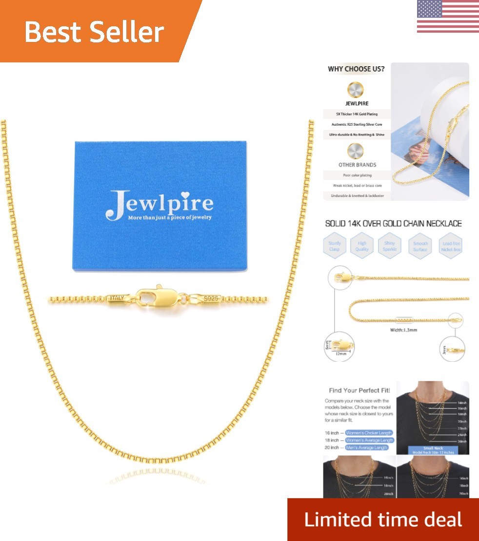 14K Gold Plated 1.3mm Sterling Silver Chain Necklace – Thin & Stylish for Women
