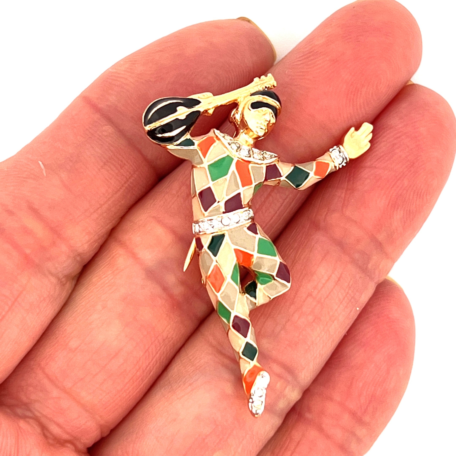 Dancing Harlequin Brooch Gold Plated Metal Alloys With Enamel & Czech Crystals