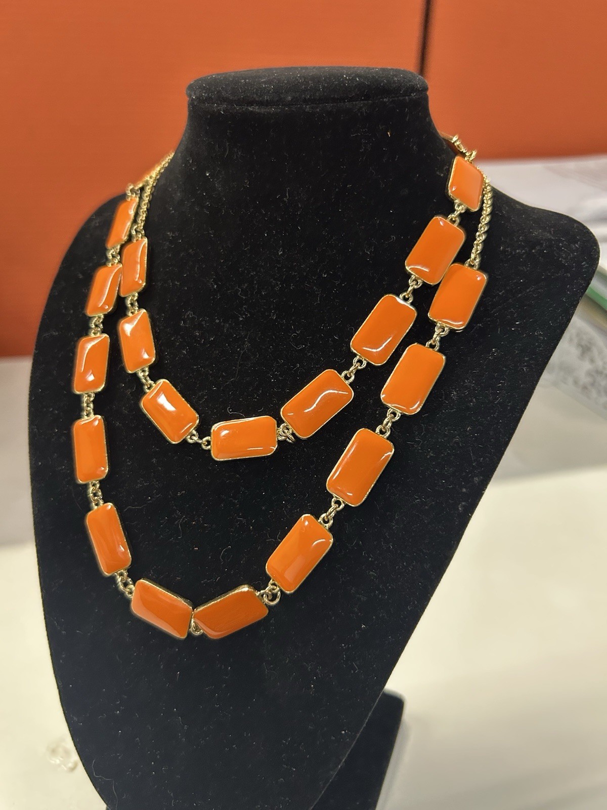 J. Crew Orange Rectangle Layering enameled Gold Tone Cable Necklace