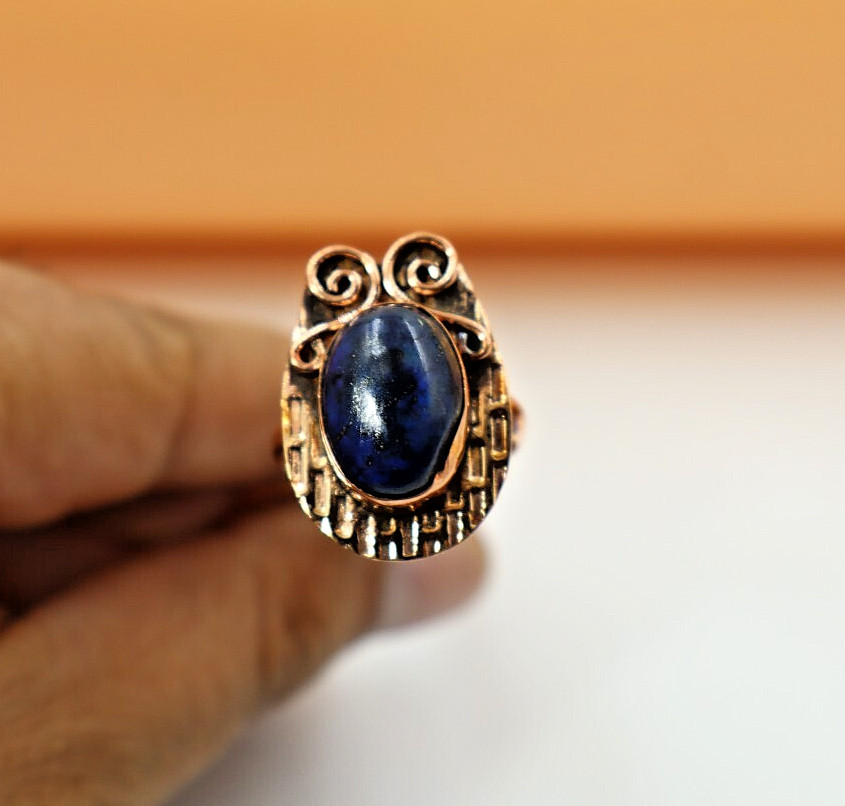 Lapis Lazuli Handmade Healing Textured Ring Copper Spiritual Boho Design US”6.25
