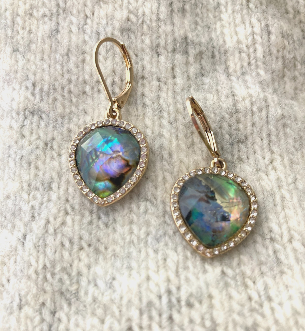 Faux Opal Pear Drop Dangle Earrings Gold Tone Iridescent Rhinestone Romantic
