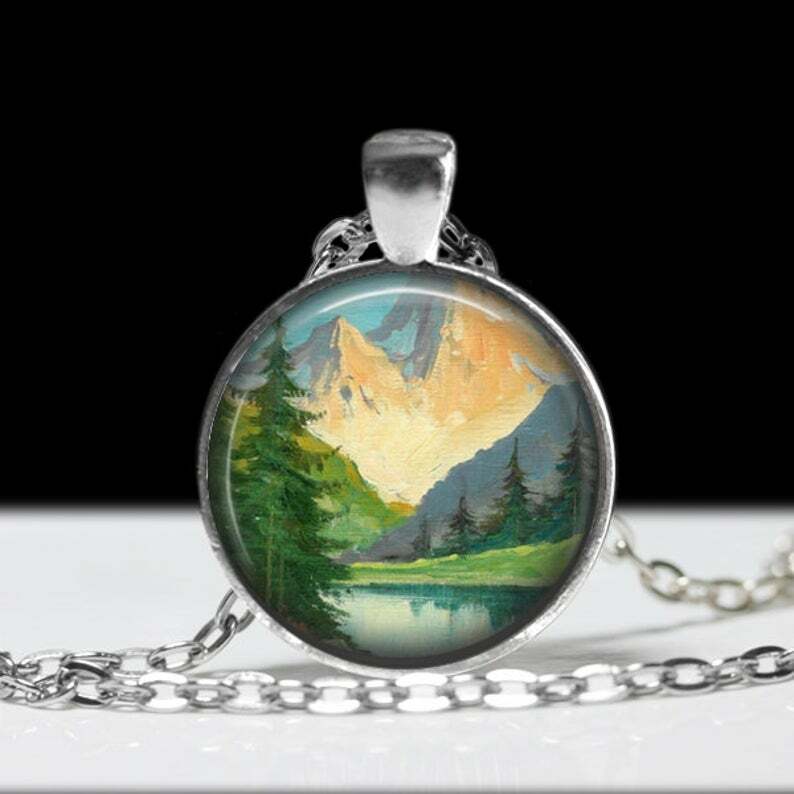 MOUNTAIN TREE FOREST NATURE pendant 20″ Sterling 925 Silver plate necklace Gift