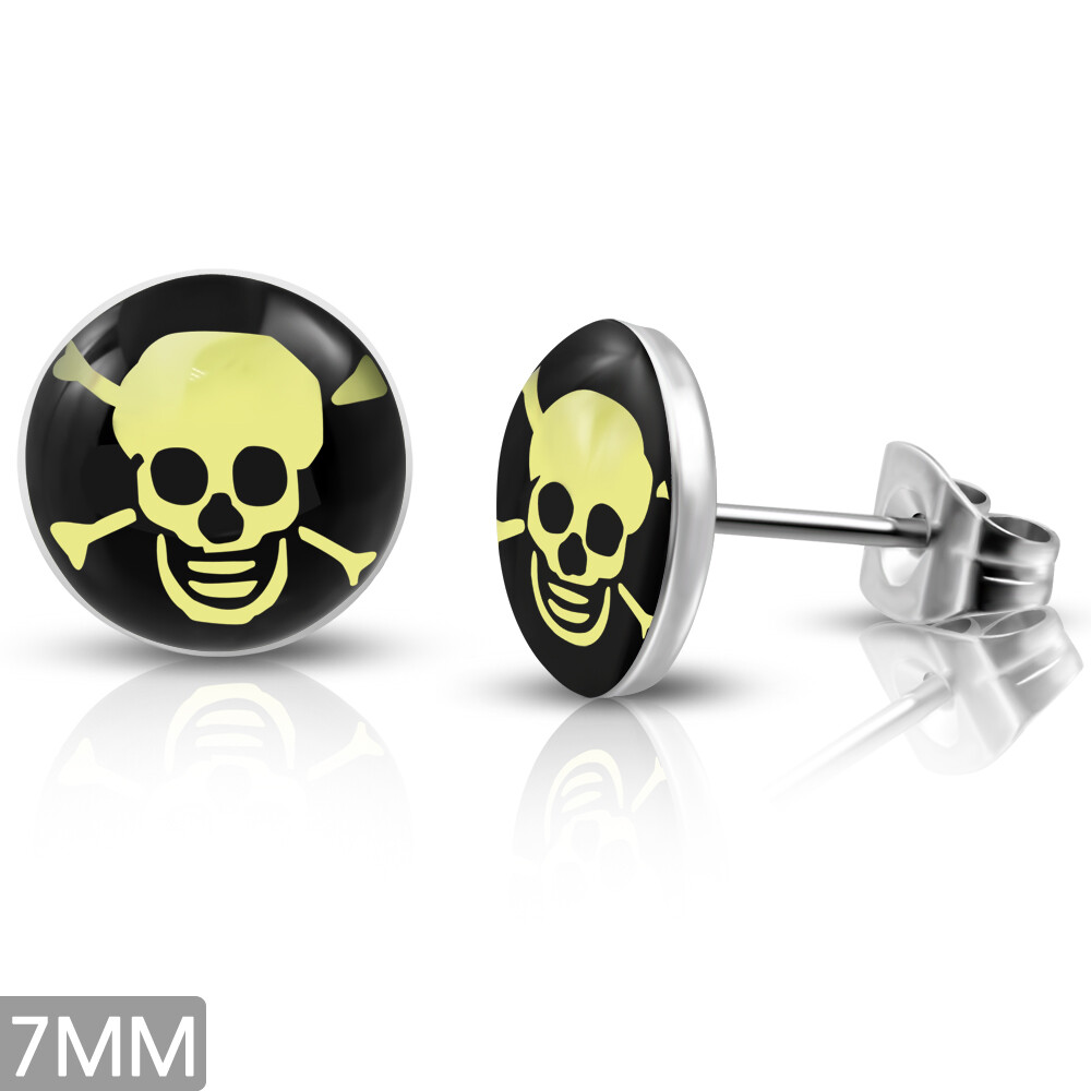 7mm Stainless Steel with Acrylic 3 Tone Crossbone Skull Round Stud Earrings