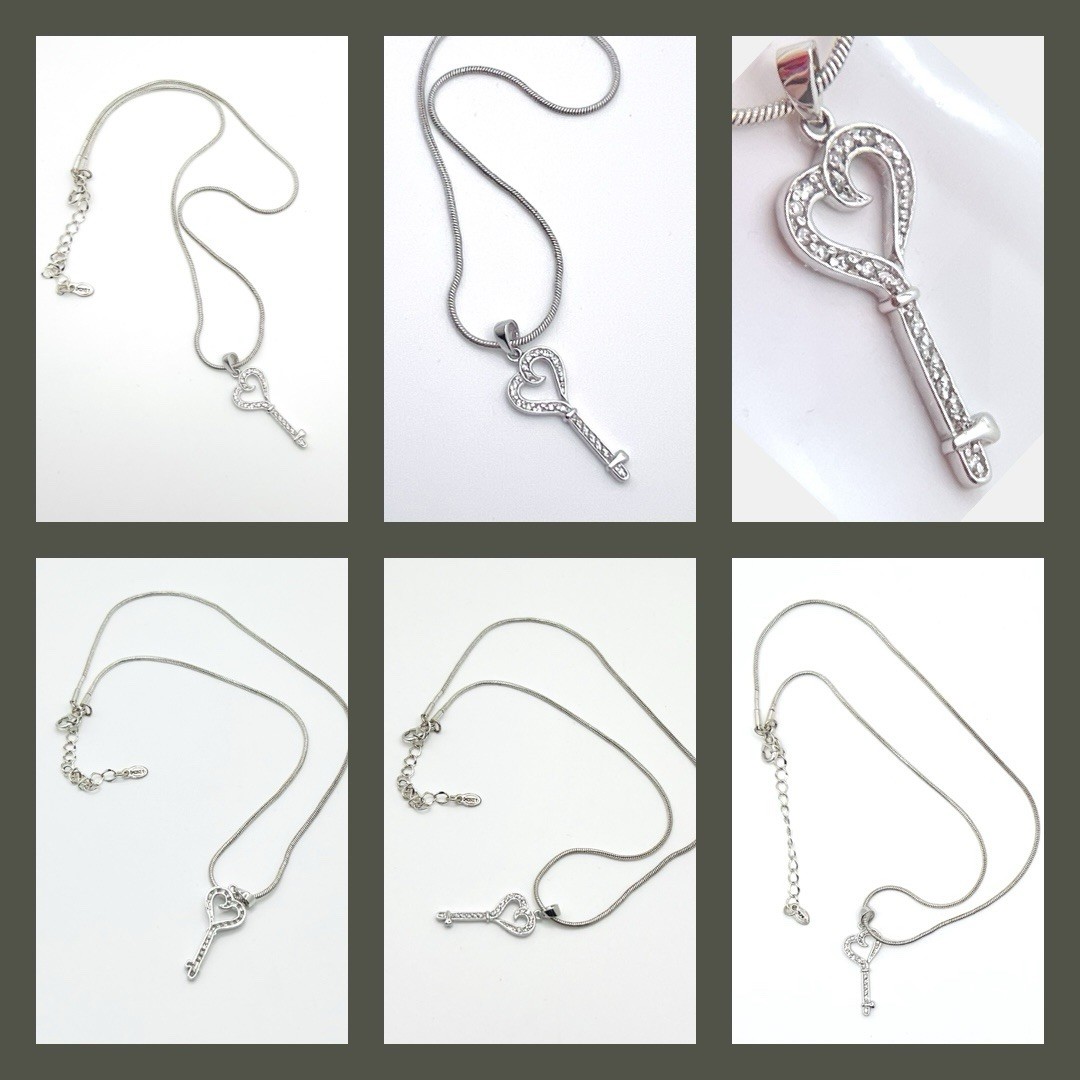925 Sterling Silver Heart Key Pavé CZ w/Monet Silver Tone Snake Chain Necklace
