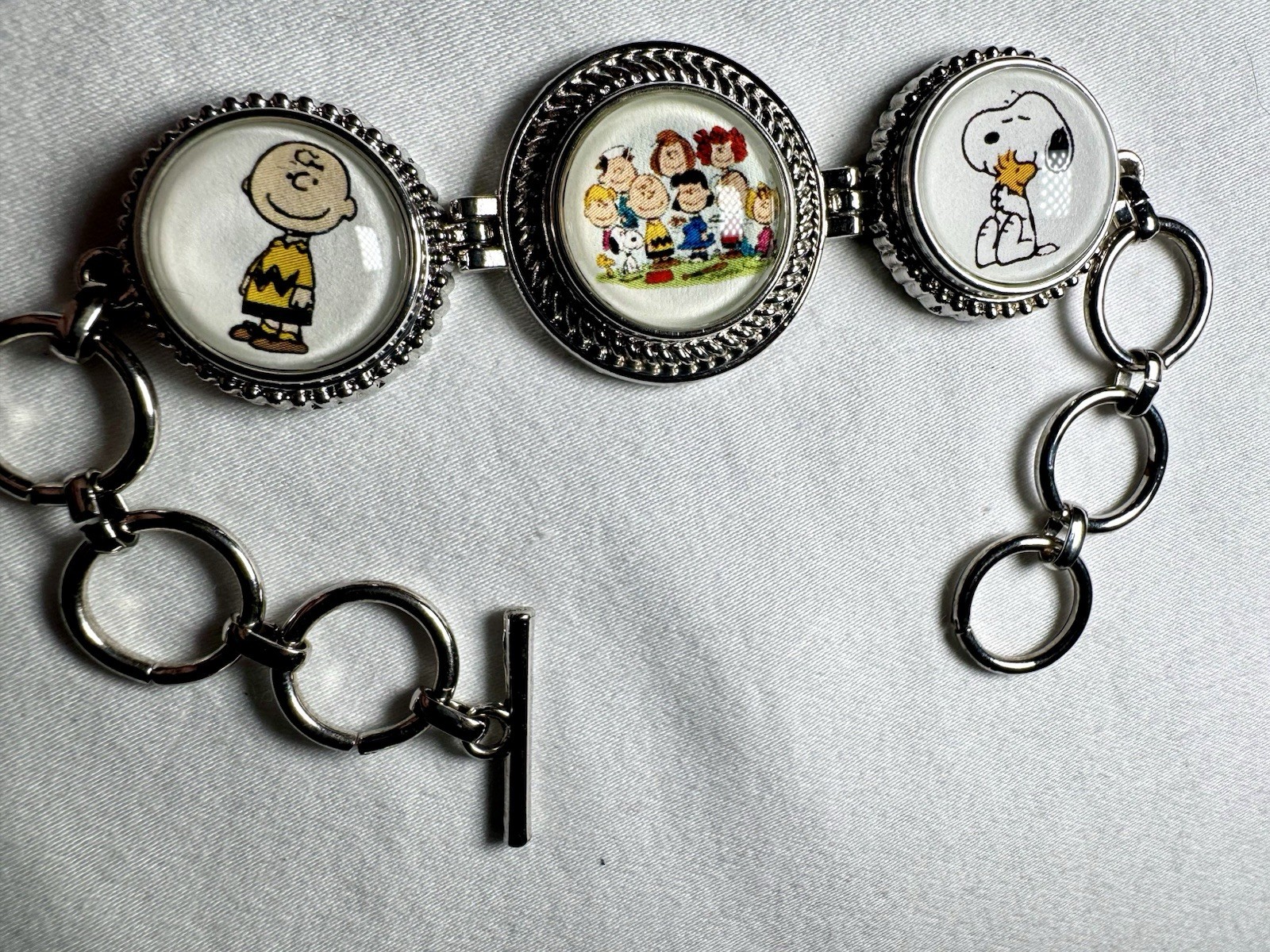 Peanuts Gang Snoopy Woodstock Charlie Brown Lucy Peppermint Silver Tone Bracelet