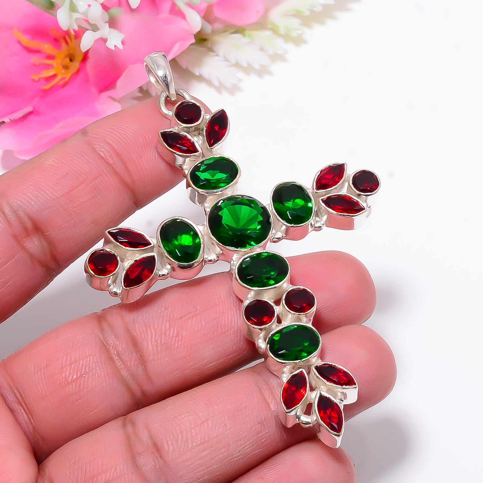 Chrome Diopside & Red Garnet 925 Sterling Silver Holy Cross Pendant 3.12″ P61211