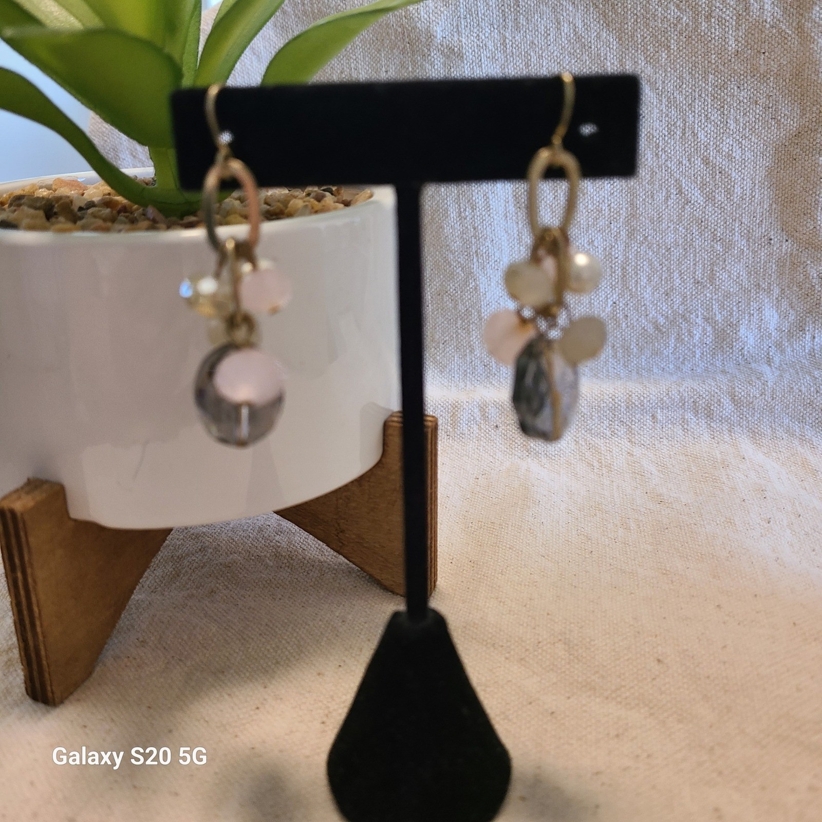 Beaded Dangle Earrings Pink Gray White Gold Tone Drop Earrings Women