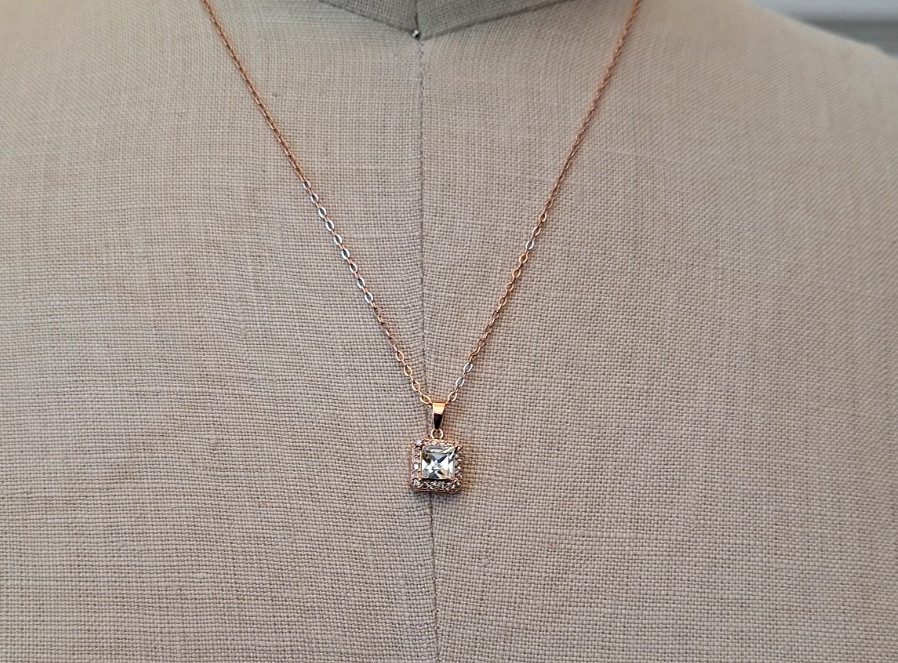 JCM China Rose Gold Toned Square CZ with Pave on 18″ Cable Chain Necklace