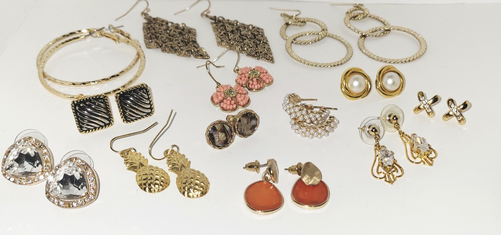 Lot of Earrings 13 Pair Gold Tone Dangles Hoops Studs Pierced Varied Styles EUC