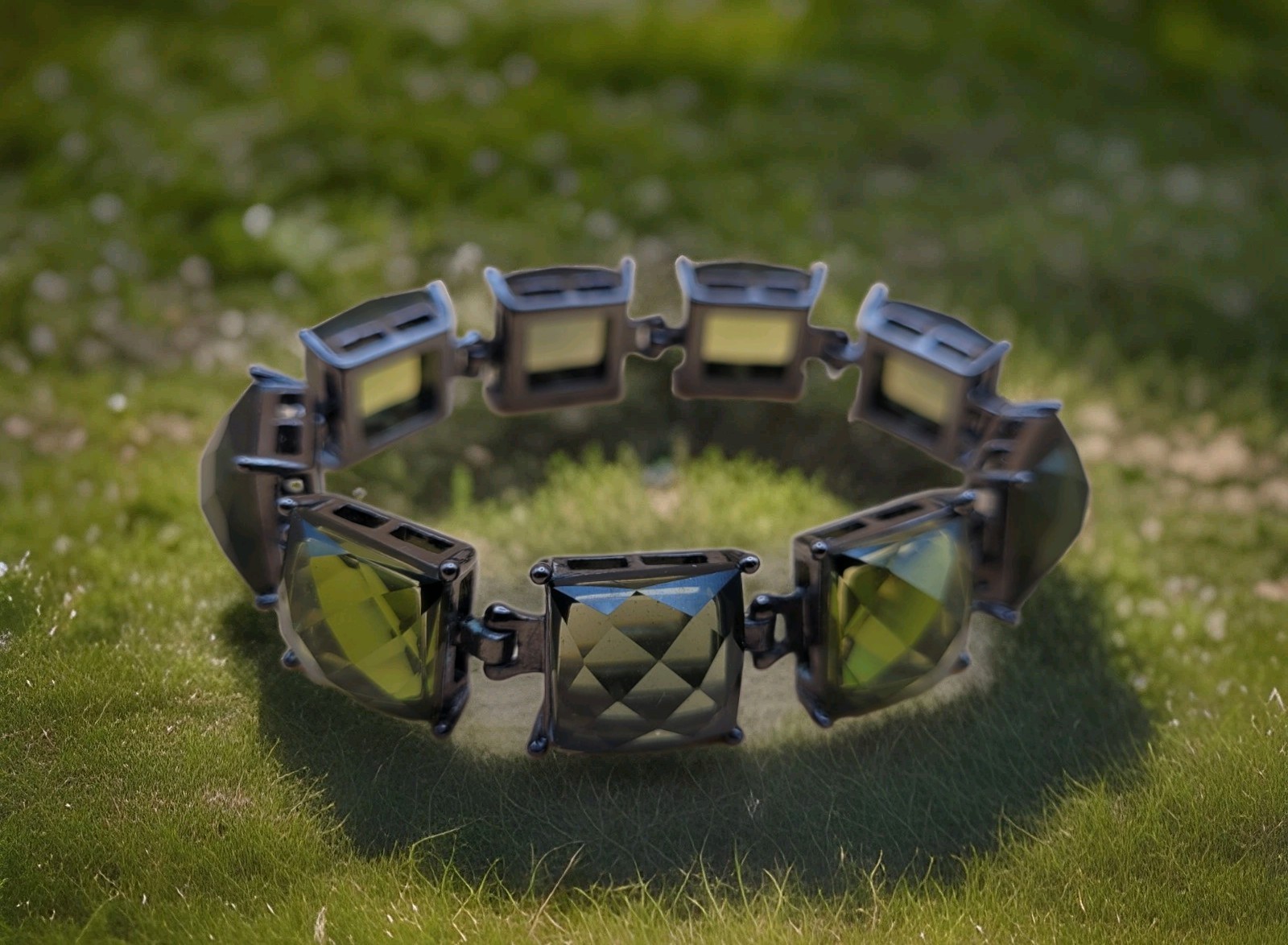 Olive Green Faceted Acrylic Gem Gun Metal Setting Tennis Bracelet 6.75 Inch