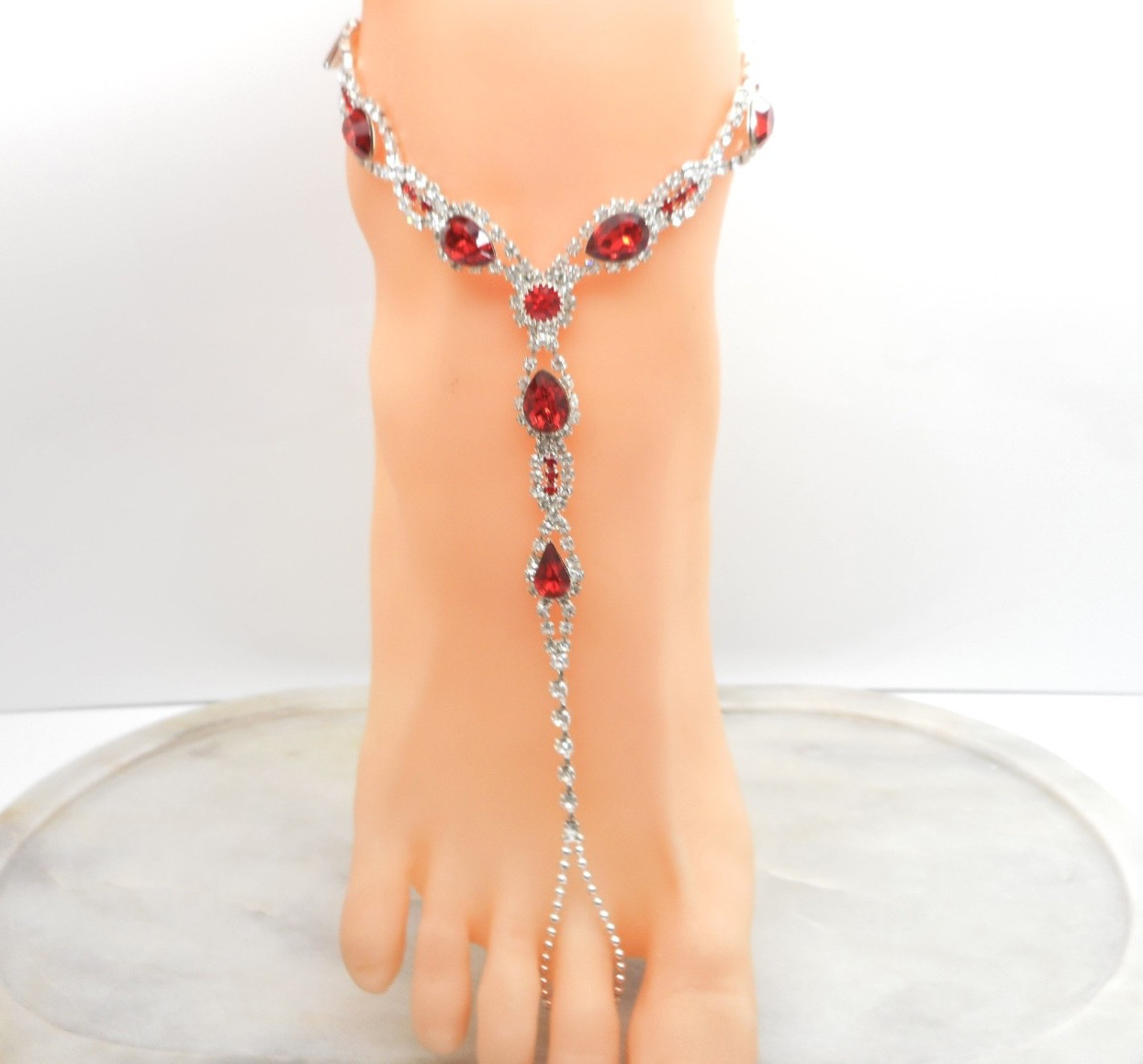 Slave Anklet Attached Toe Ring One Ankle Bracelet Silver Plated Deep Red Crystal