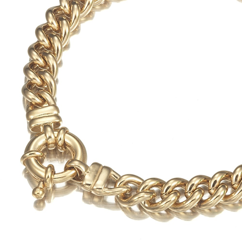 18K GL Solid Euro Curb Yellow Gold Bracelet with Antique Lifebuoy Style Clasp