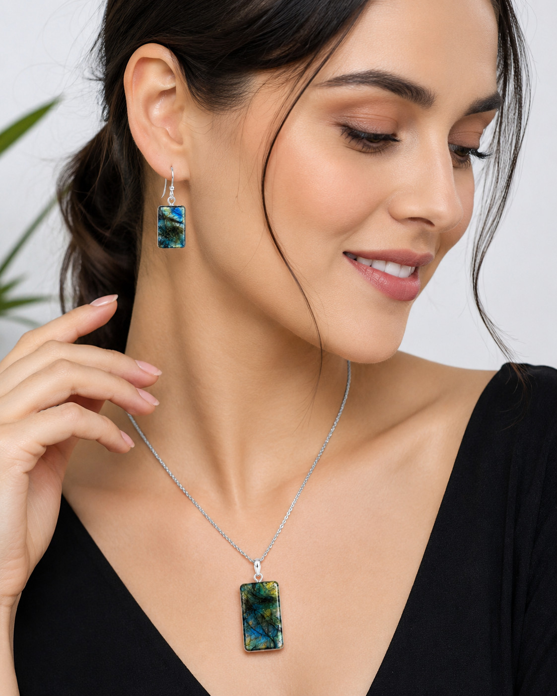 Labradorite Necklace Earrings Set Silver Plated Healing Crystal Jewelry Copper