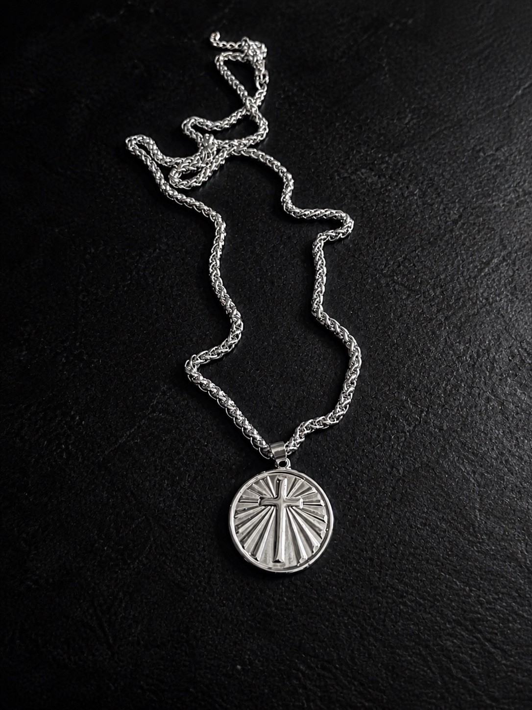 Cross Pendant Necklace Stainless Steel 55cm Wheat Chain Waterproof Unisex 22mm