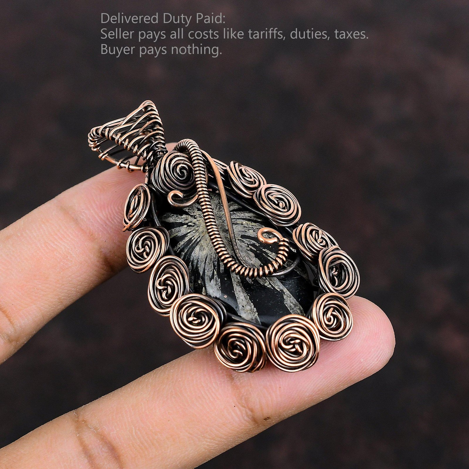 Copper Oval Chrysanthemum Stone Handcrafted Wire Wrapped Flower Birthday Pendant
