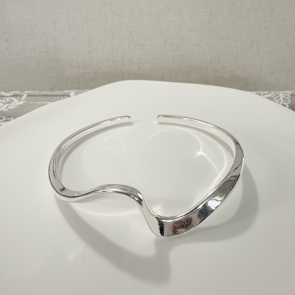 Minimal Silver Plated Open Cuff Bangle Organic Bracelet Adjustable Gift for Her