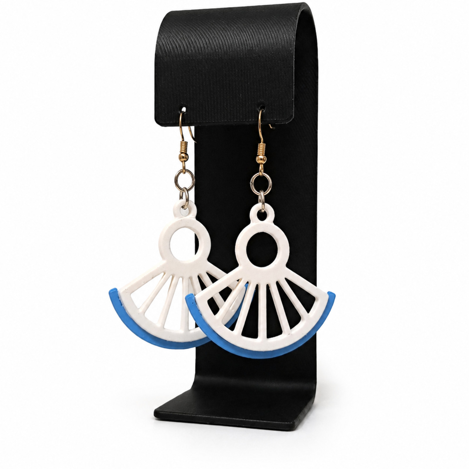 Women’s Very Lightweight White Blue Handcrafted Summer Fan Earrings