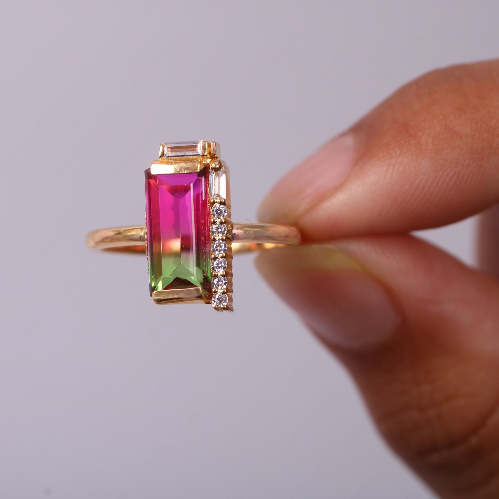 Baguette Cut Watermelon Tourmaline Engagement Art Deco Ring, Antique Jewelry