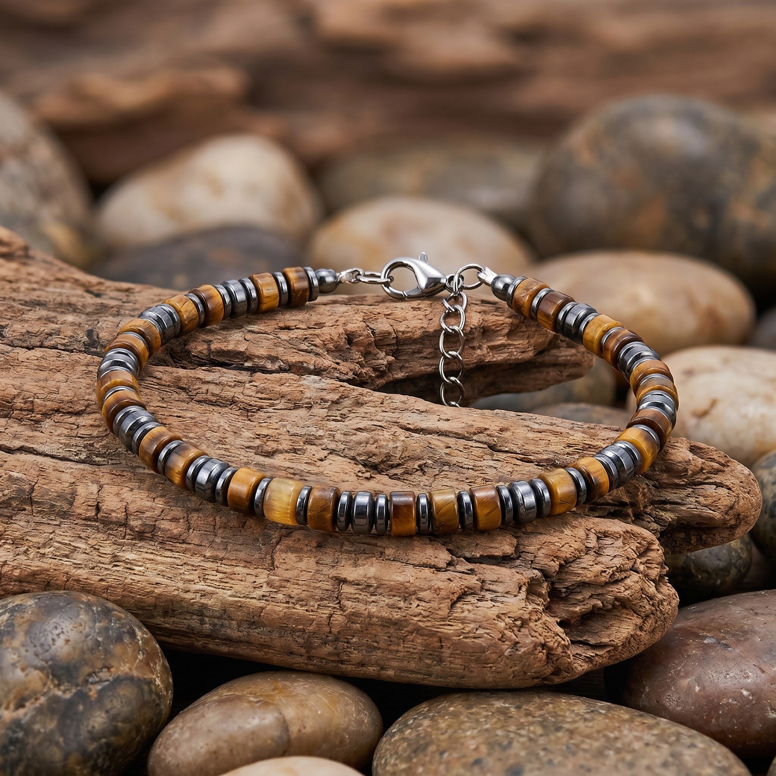 Tiger Eye & Hematite Bracelet Adjustable Stainless Clap Confidence Grounding
