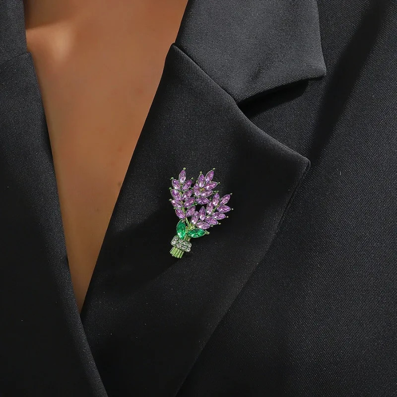 Purple Lavender Crystal Flower Brooch Elegant Rhinestone Pin Gift for Women