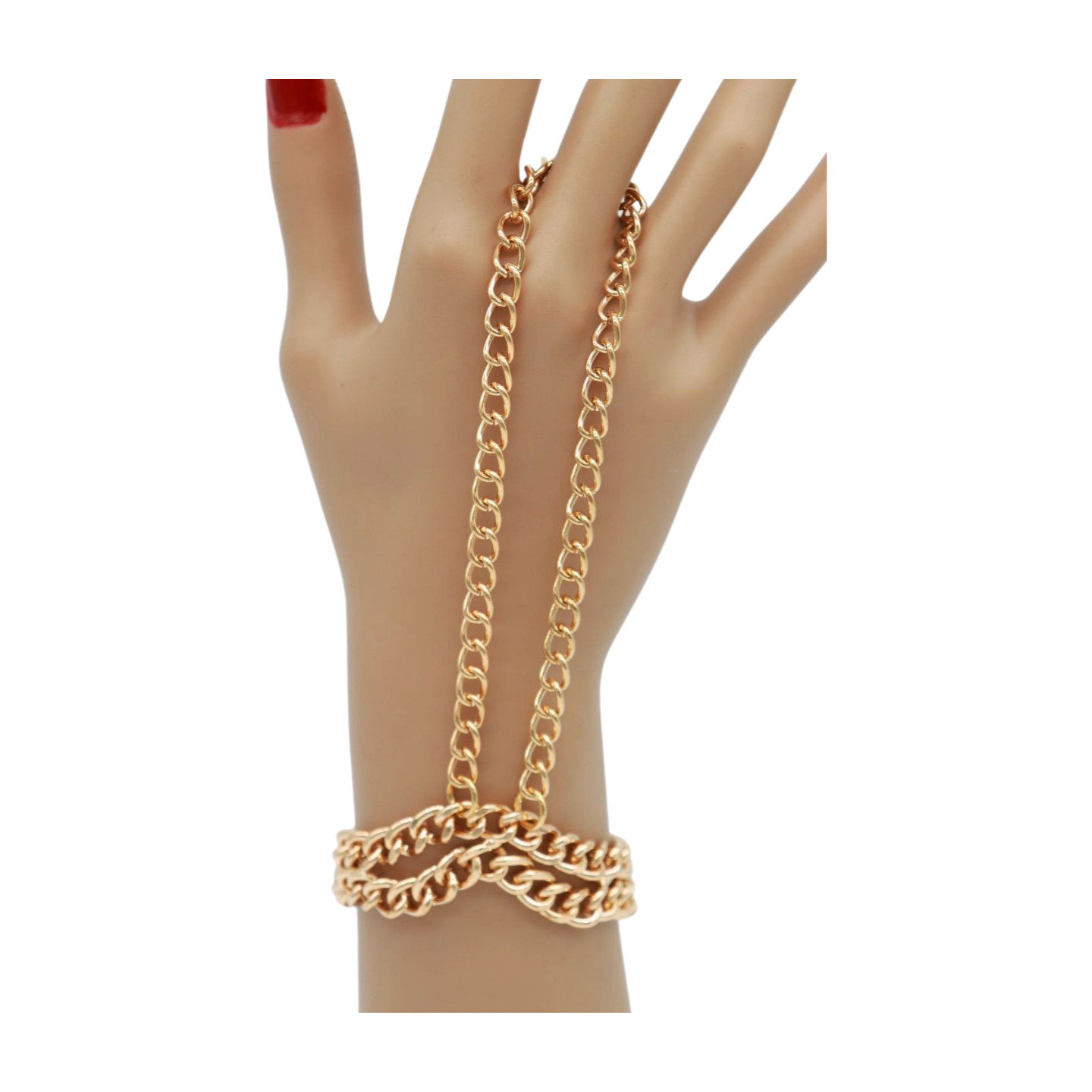 Women Gold Metal Chains 2 Rows Bracelet Connected Slave Ring One Size Fits All