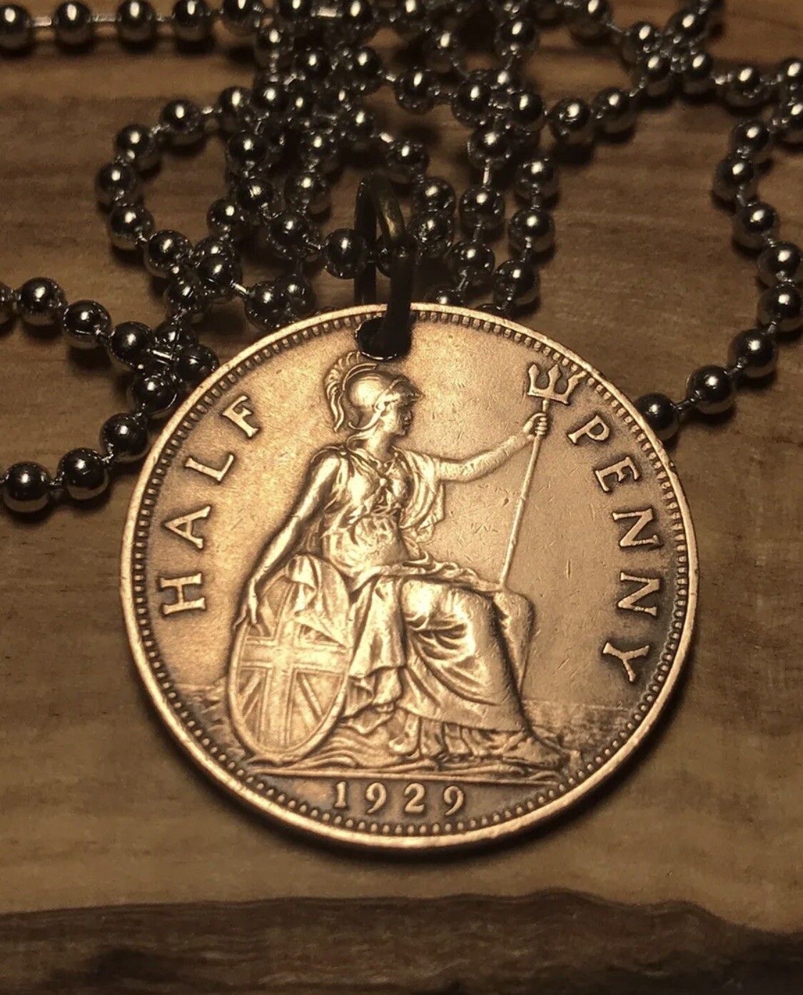 1929 UK halfpenny Great Britain Coin Pendant With Chain. 93 Year Old Coin!