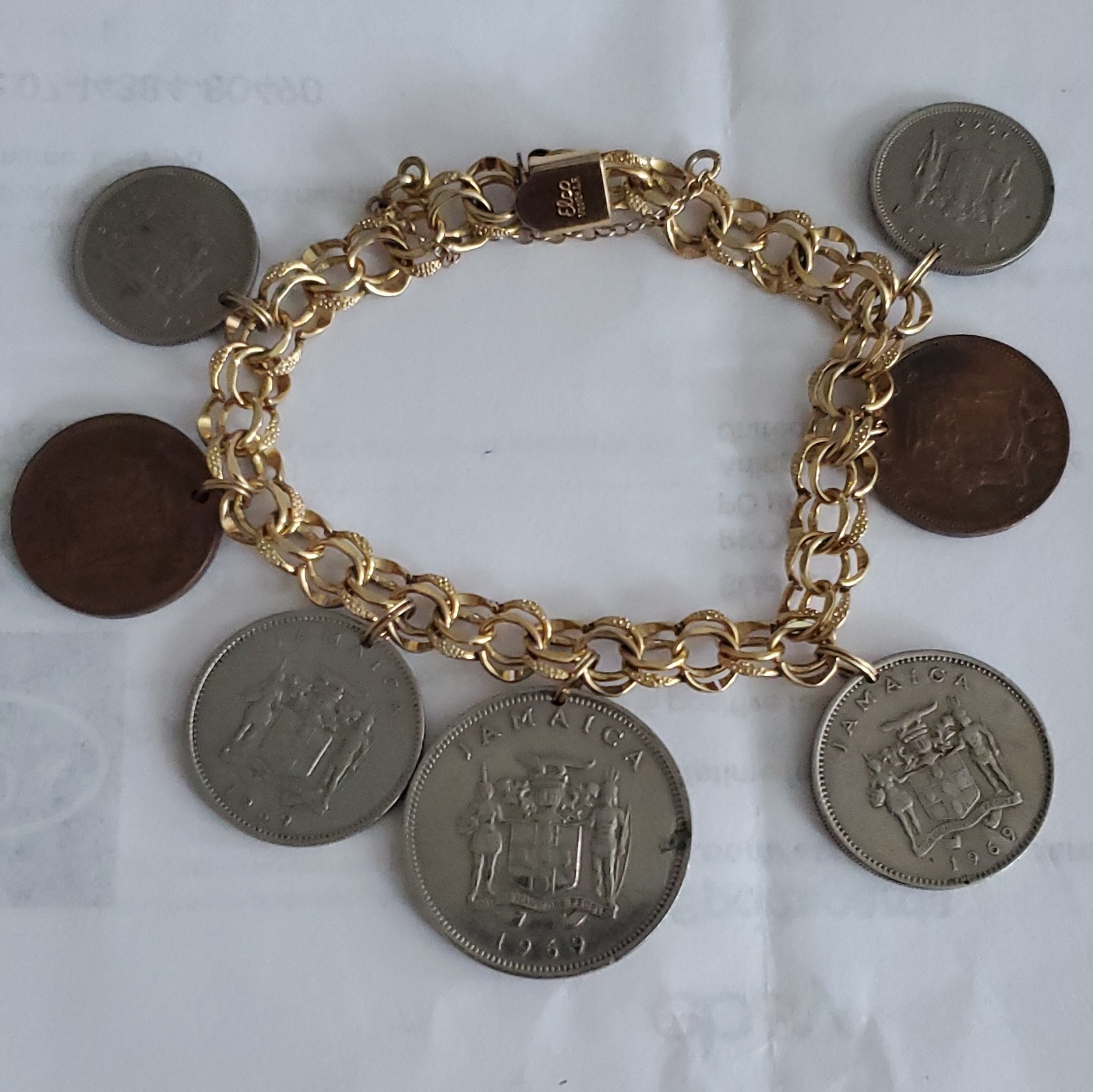 Elco 1/20 12K GF Gold-Tone Cable Chain Coin Dangle Charm Bracelet Lobster