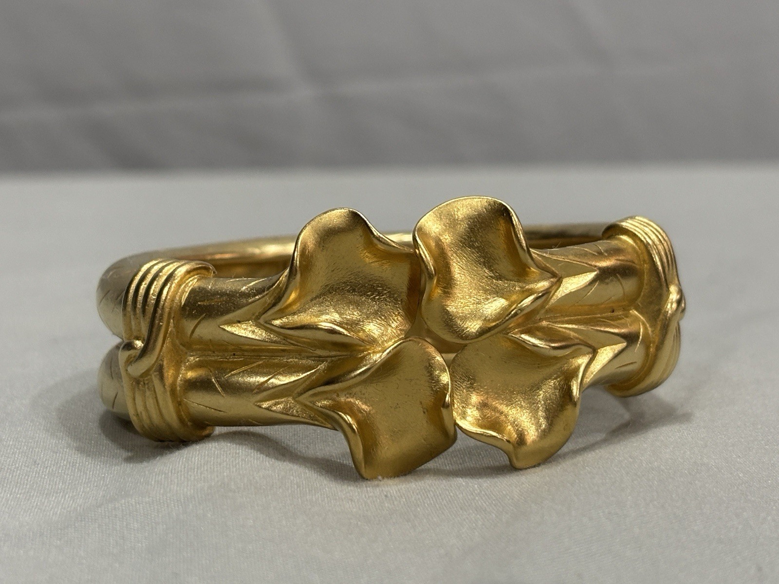 Trifari Gold Tone Hinged Cuff Bracelet Floral Flower